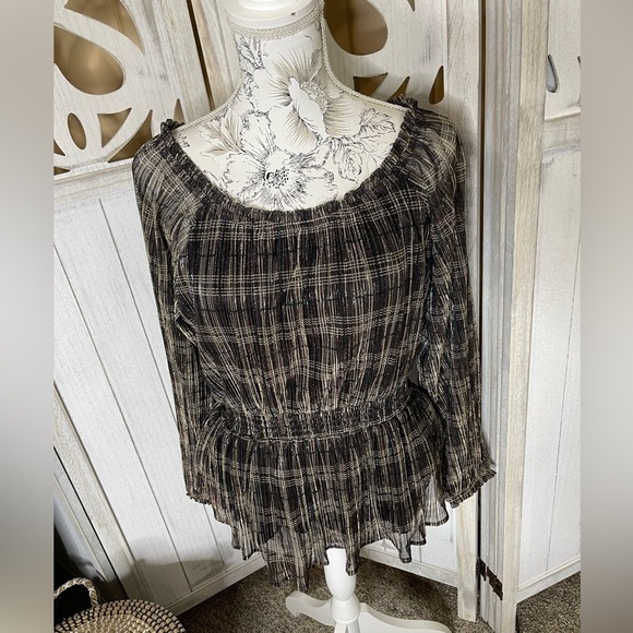 Knox Rose Top Womens Medium Striped Metallic Weave Peplum Balloon Sleeve Boho - Picture 3 of 3